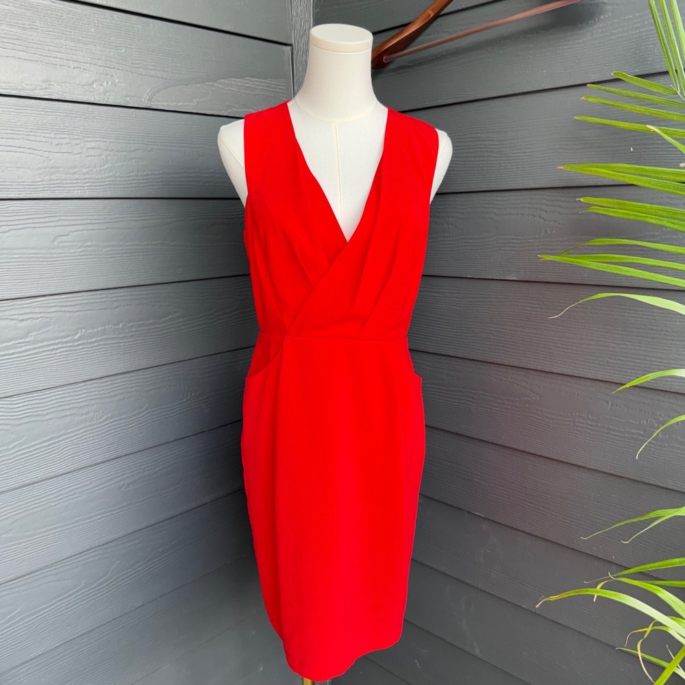 Adelyn Rae Red Surplice Sheath Dress Sleeveless Pockets Career Medium